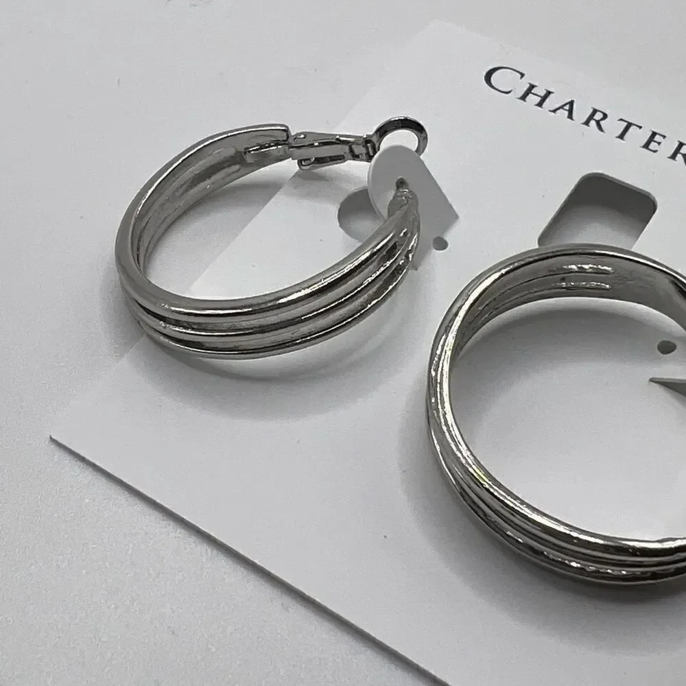 Charter Club Silver-Tone Three Row Hoops Earrings NWT